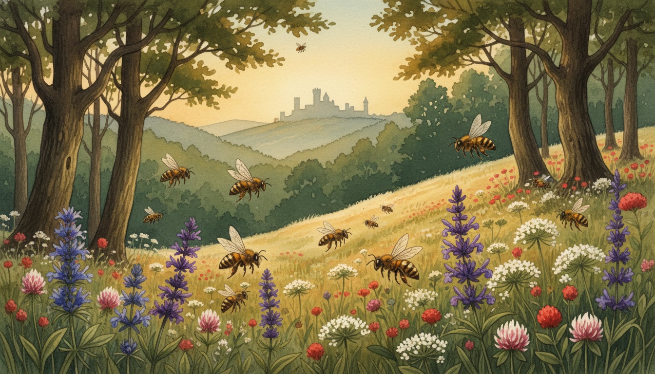 Bienen und Wildbienen in Sömmerda (Thüringen) — Aquarell-Illustration der lokalen Habitate