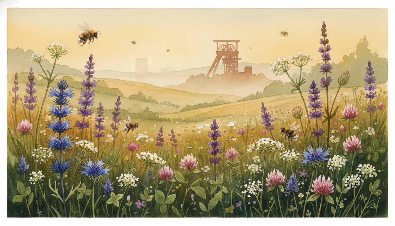 Bienen und Wildbienen in Solingen (Nordrhein-Westfalen) — Aquarell-Illustration der lokalen Habitate