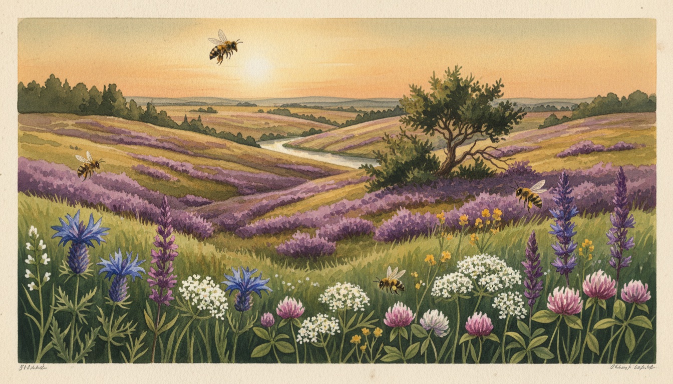 Bienen und Wildbienen in Soltau (Niedersachsen) — Aquarell-Illustration der lokalen Habitate