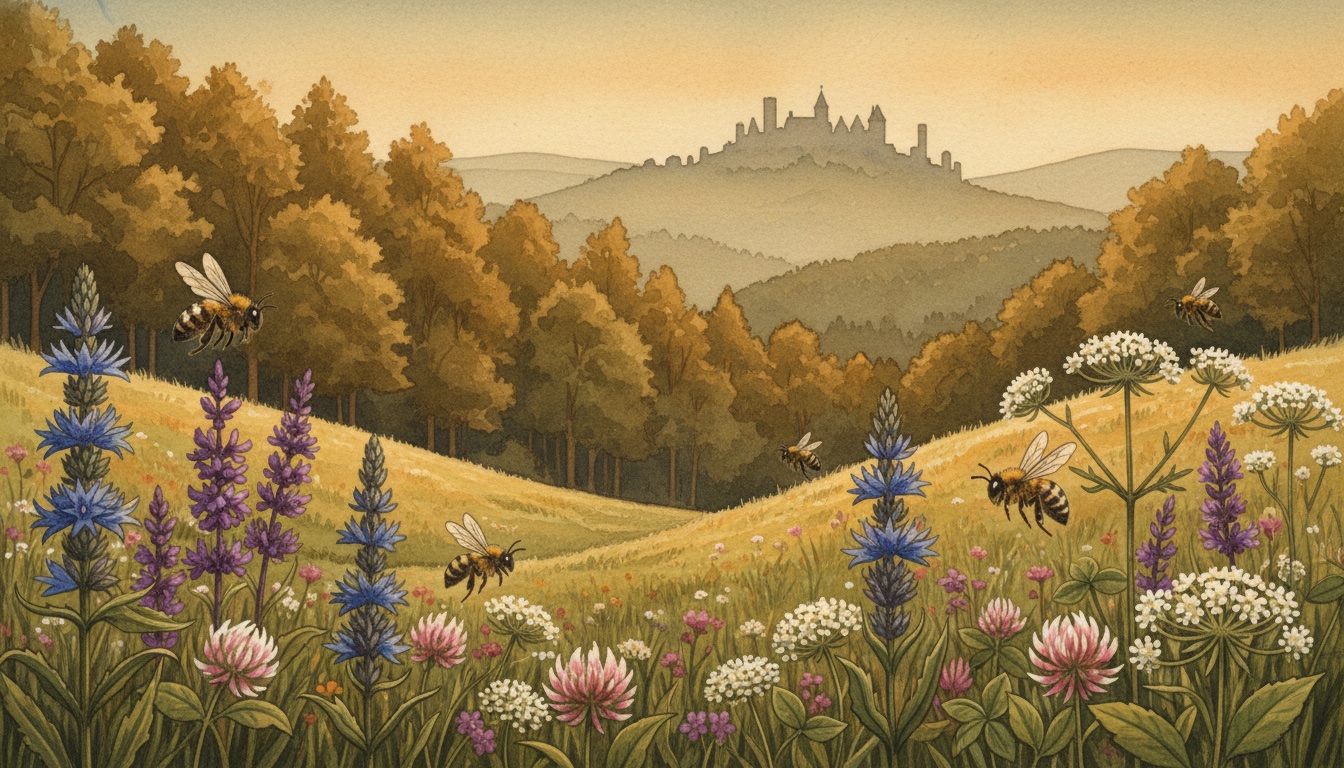 Bienen und Wildbienen in Sondershausen (Thüringen) — Aquarell-Illustration der lokalen Habitate