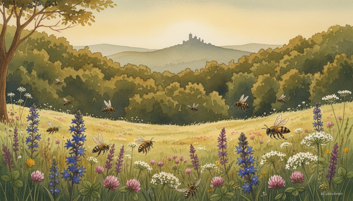 Bienen und Wildbienen in Sonneberg (Thüringen) — Aquarell-Illustration der lokalen Habitate