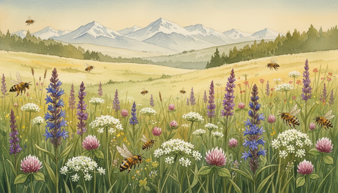 Bienen und Wildbienen in Sonthofen (Bayern) — Aquarell-Illustration der lokalen Habitate