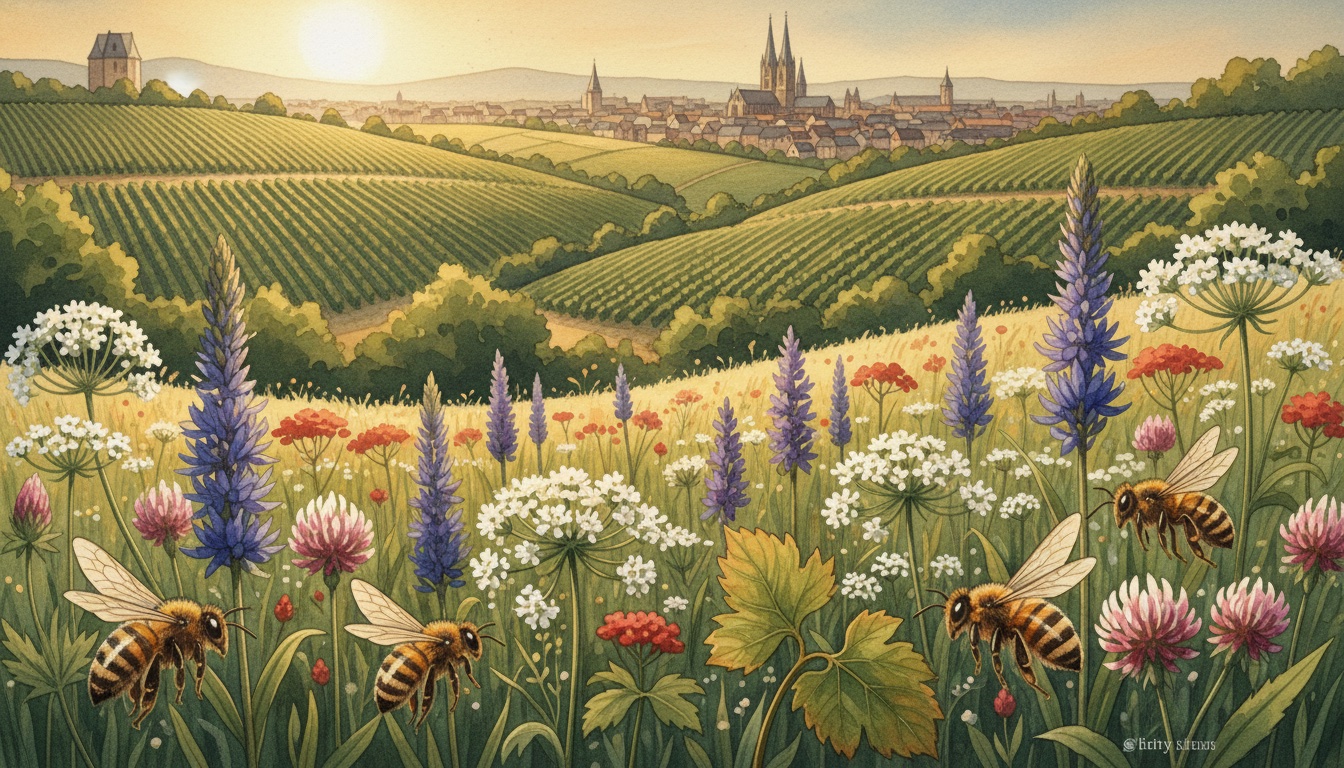 Bienen und Wildbienen in Speyer (Rheinland-Pfalz) — Aquarell-Illustration der lokalen Habitate