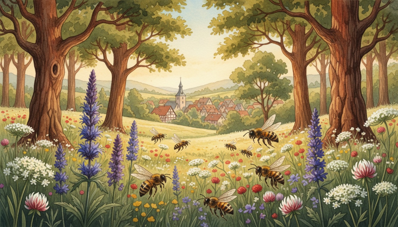 Bienen und Wildbienen in St. Wendel (Saarland) — Aquarell-Illustration der lokalen Habitate
