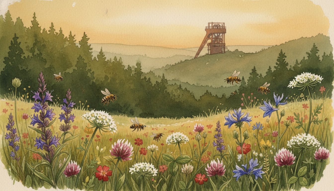 Bienen und Wildbienen in Steinfurt (Nordrhein-Westfalen) — Aquarell-Illustration der lokalen Habitate
