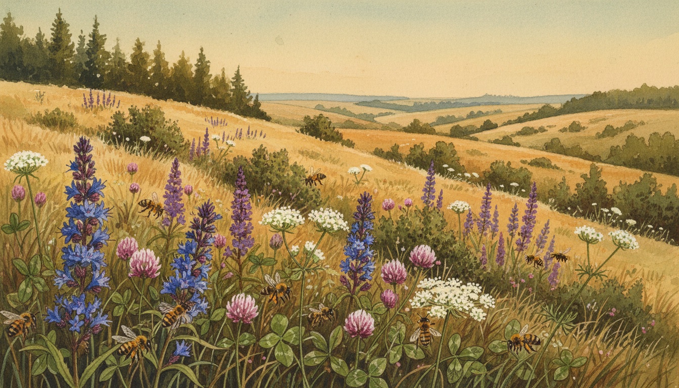Bienen und Wildbienen in Stendal (Sachsen-Anhalt) — Aquarell-Illustration der lokalen Habitate