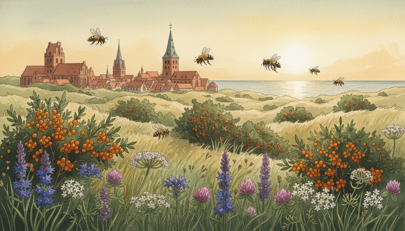 Bienen und Wildbienen in Stralsund (Mecklenburg-Vorpommern) — Aquarell-Illustration der lokalen Habitate