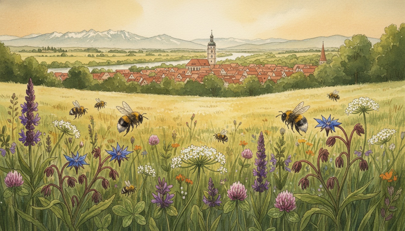 Bienen und Wildbienen in Straubing (Bayern) — Aquarell-Illustration der lokalen Habitate