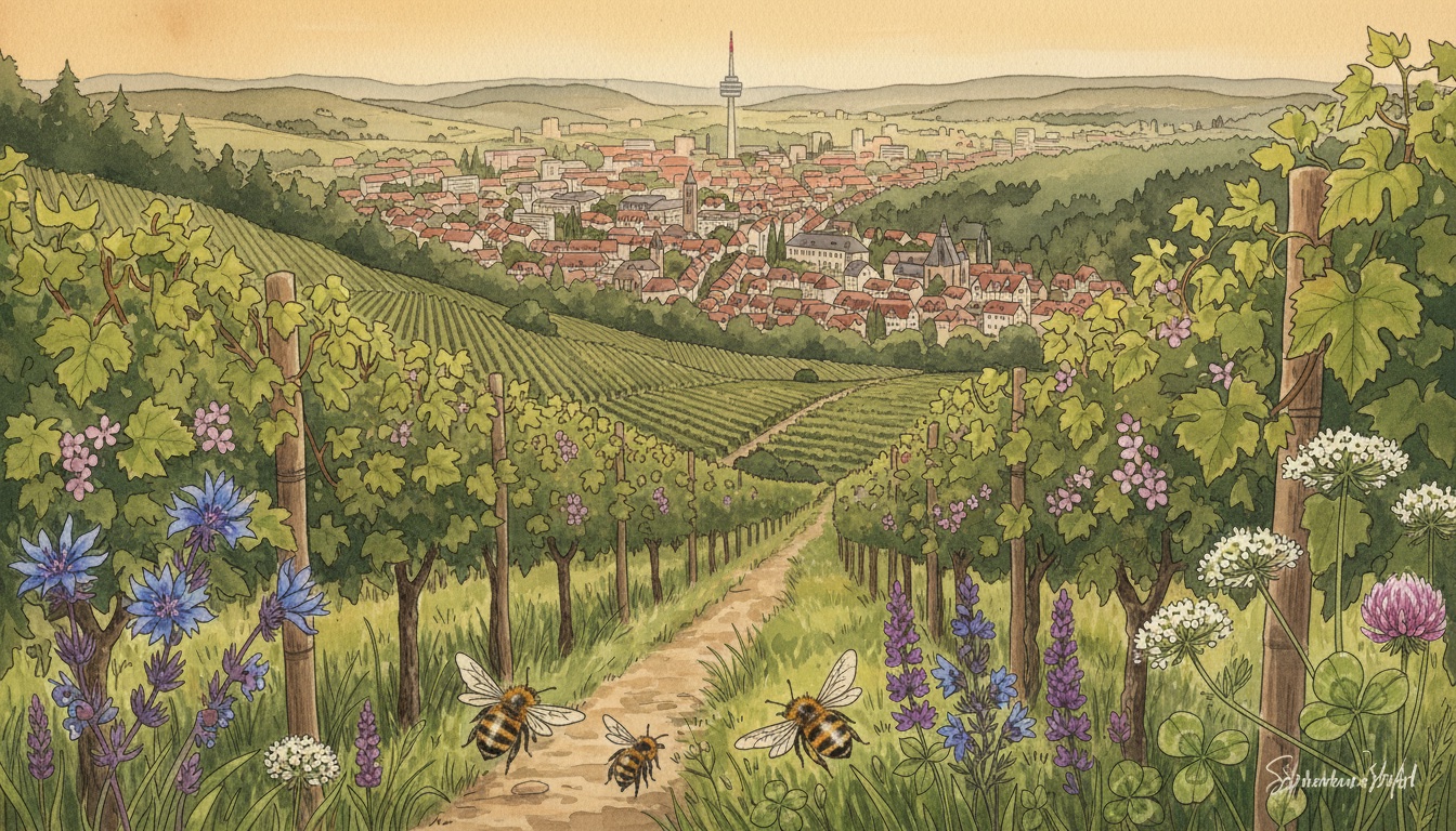 Bienen und Wildbienen in Stuttgart (Baden-Württemberg) — Aquarell-Illustration der lokalen Habitate