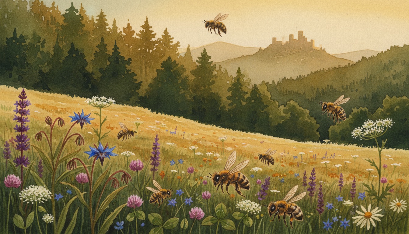 Bienen und Wildbienen in Suhl (Thüringen) — Aquarell-Illustration der lokalen Habitate