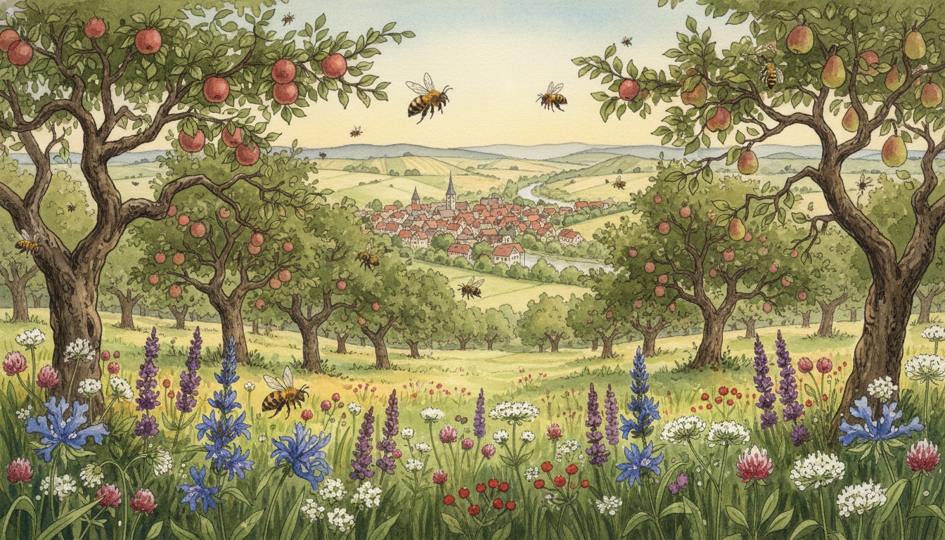 Bienen und Wildbienen in Tauberbischofsheim (Baden-Württemberg) — Aquarell-Illustration der lokalen Habitate