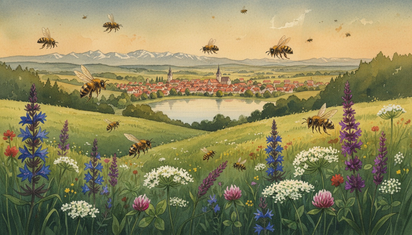 Bienen und Wildbienen in Tirschenreuth (Bayern) — Aquarell-Illustration der lokalen Habitate