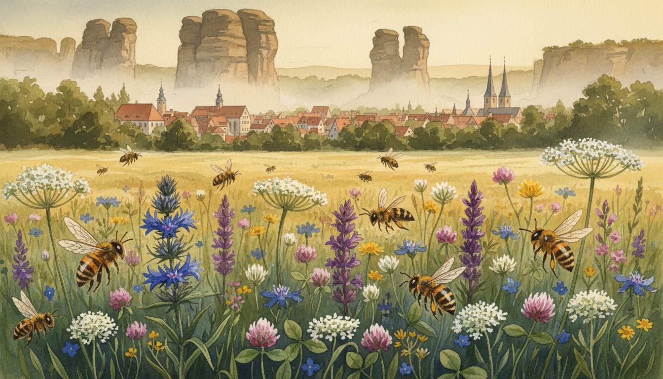 Bienen und Wildbienen in Torgau (Sachsen) — Aquarell-Illustration der lokalen Habitate