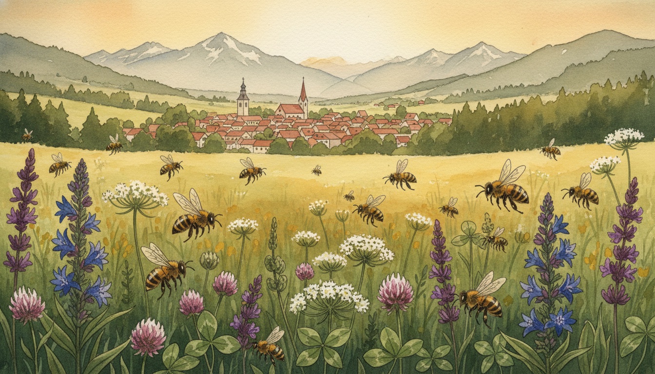 Bienen und Wildbienen in Traunstein (Bayern) — Aquarell-Illustration der lokalen Habitate