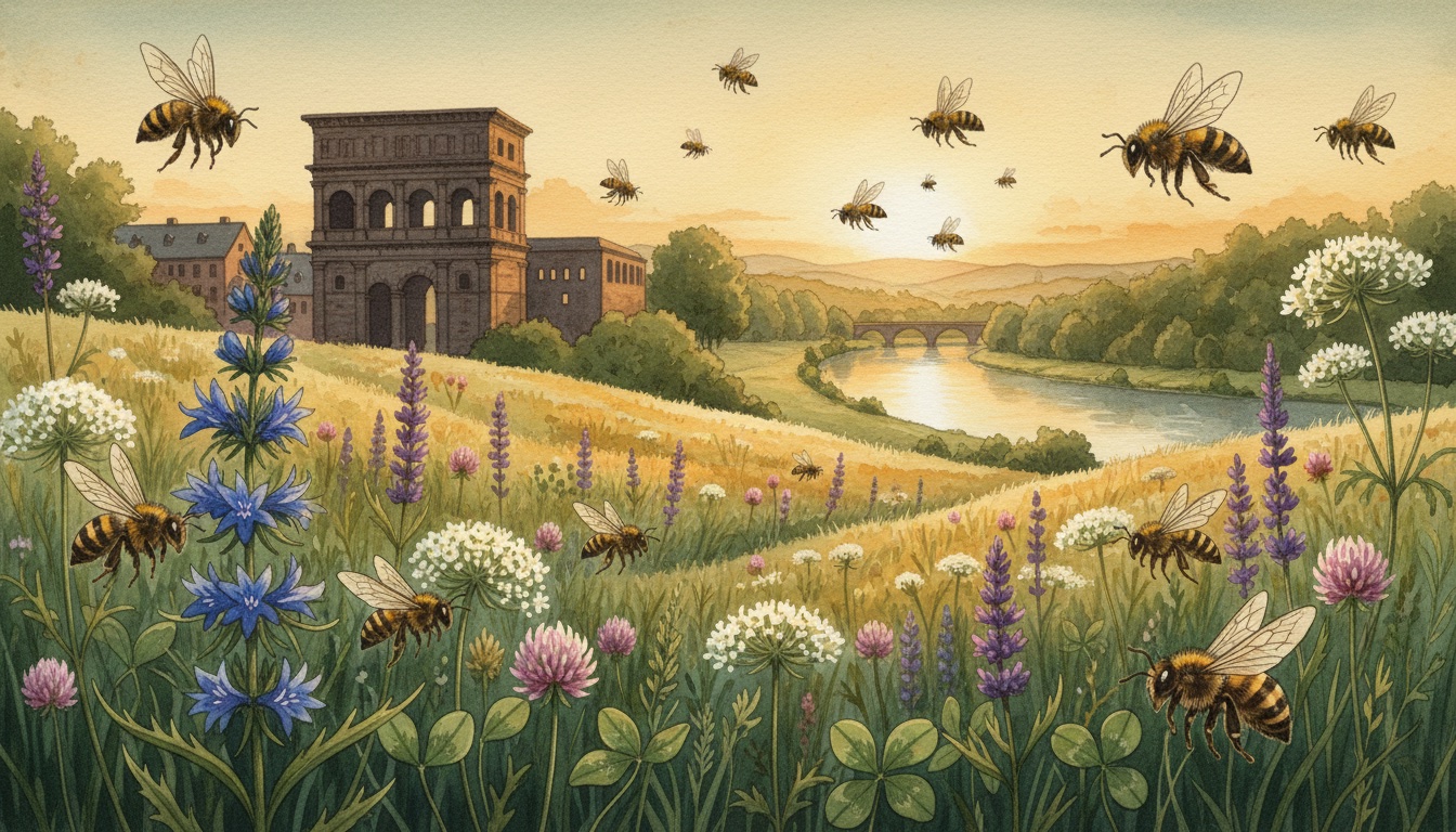 Bienen und Wildbienen in Trier (Rheinland-Pfalz) — Aquarell-Illustration der lokalen Habitate