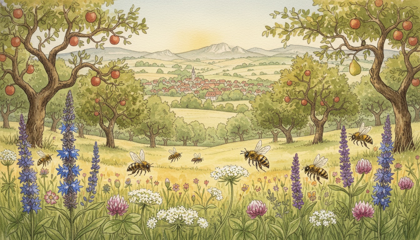 Bienen und Wildbienen in Tübingen (Baden-Württemberg) — Aquarell-Illustration der lokalen Habitate