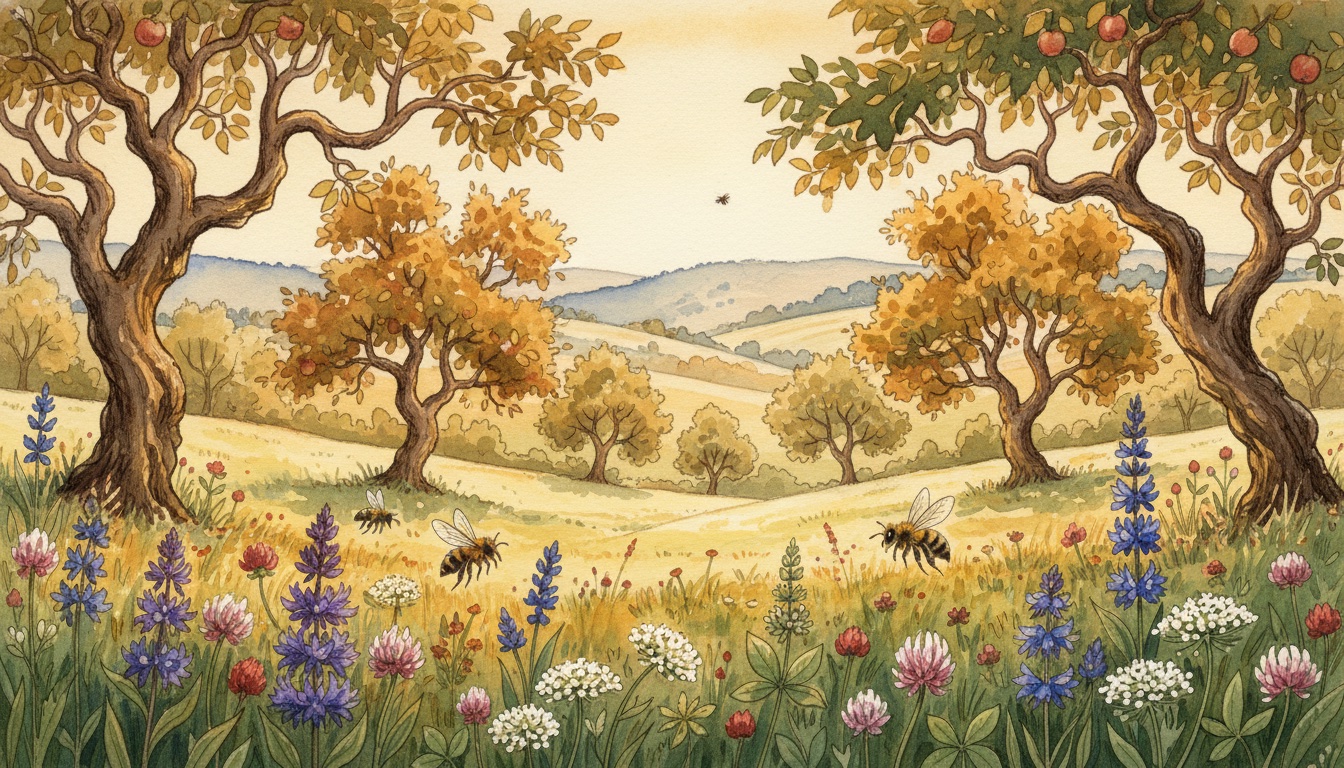 Bienen und Wildbienen in Tuttlingen (Baden-Württemberg) — Aquarell-Illustration der lokalen Habitate