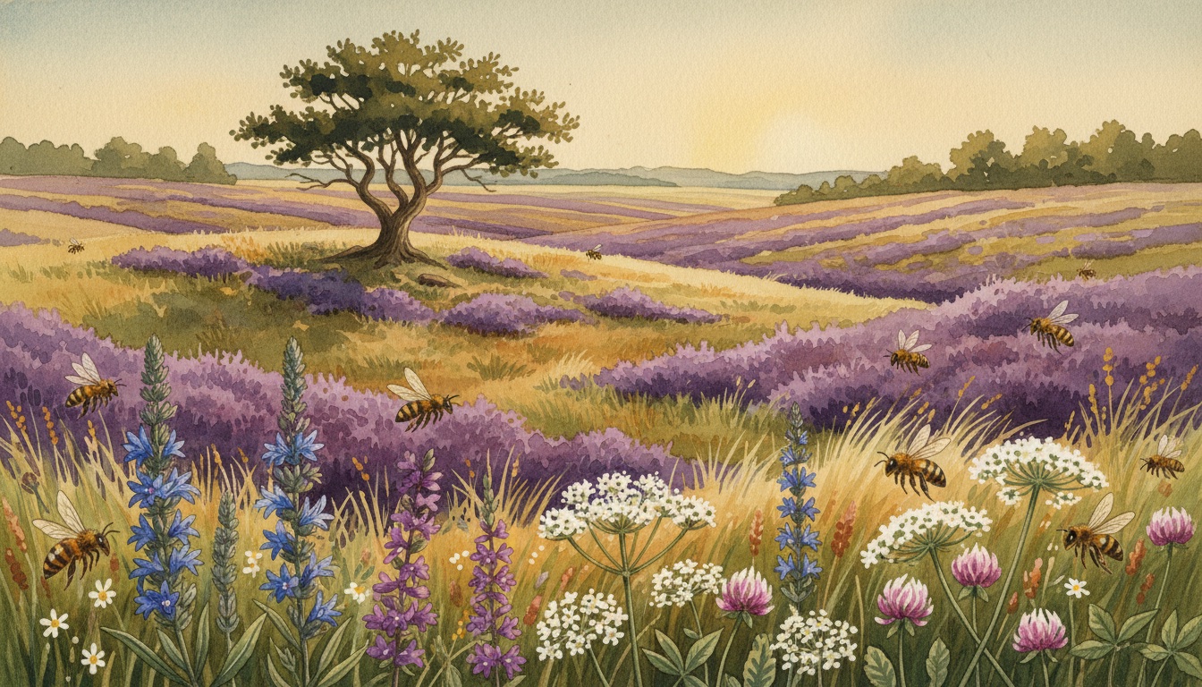 Bienen und Wildbienen in Uelzen (Niedersachsen) — Aquarell-Illustration der lokalen Habitate