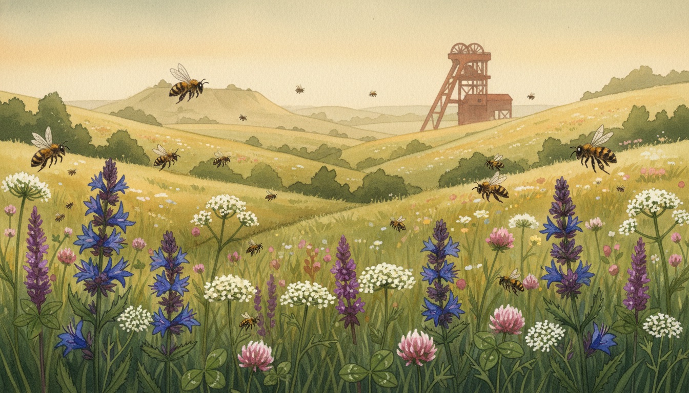 Bienen und Wildbienen in Unna (Nordrhein-Westfalen) — Aquarell-Illustration der lokalen Habitate