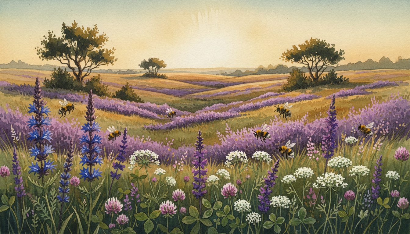 Bienen und Wildbienen in Vechta (Niedersachsen) — Aquarell-Illustration der lokalen Habitate