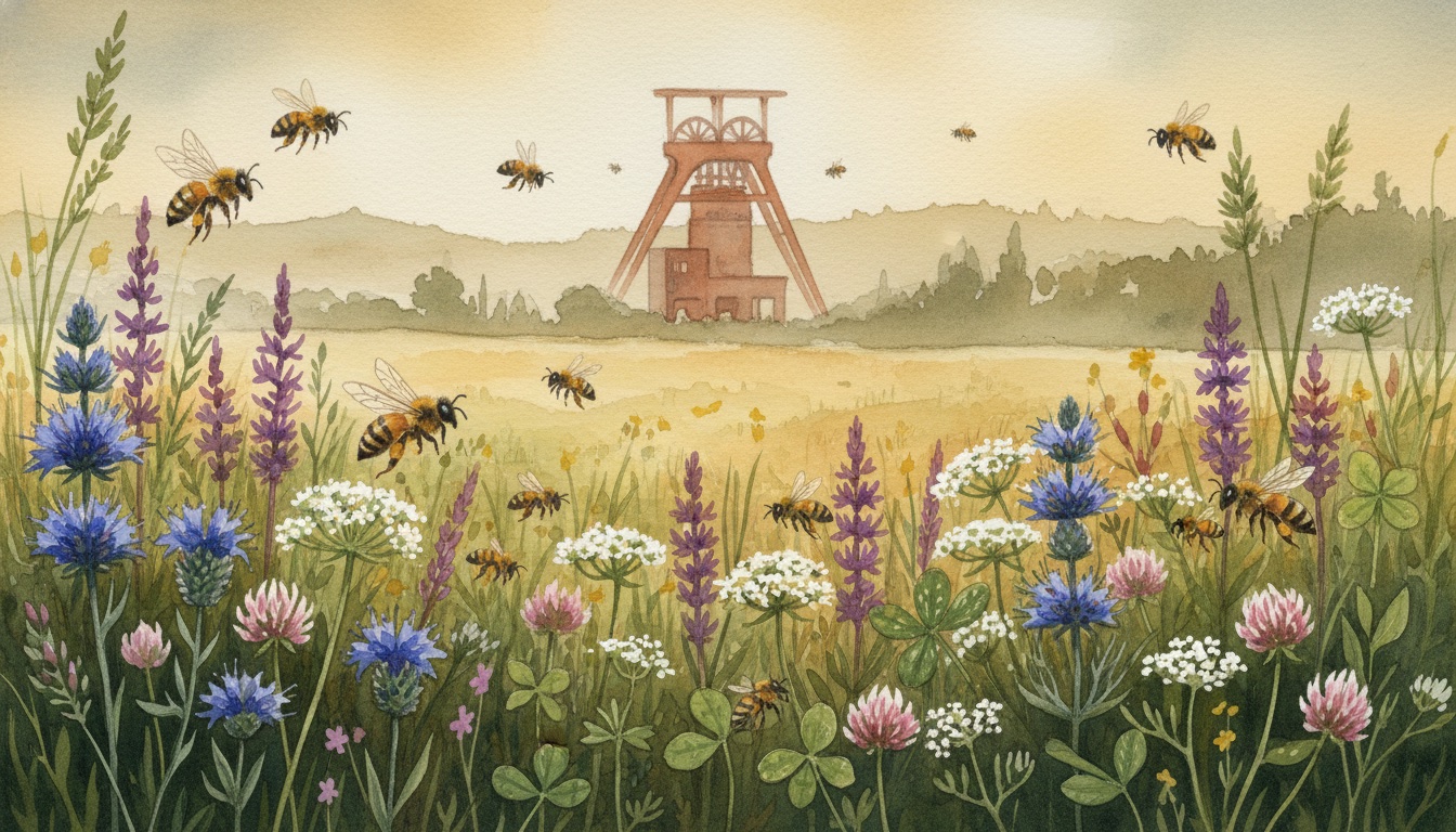 Bienen und Wildbienen in Viersen (Nordrhein-Westfalen) — Aquarell-Illustration der lokalen Habitate