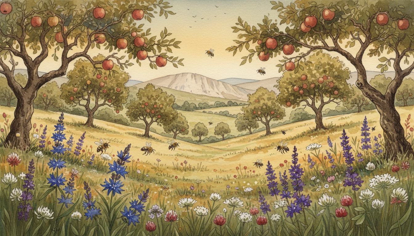 Bienen und Wildbienen in Villingen-Schwenningen (Baden-Württemberg) — Aquarell-Illustration der lokalen Habitate