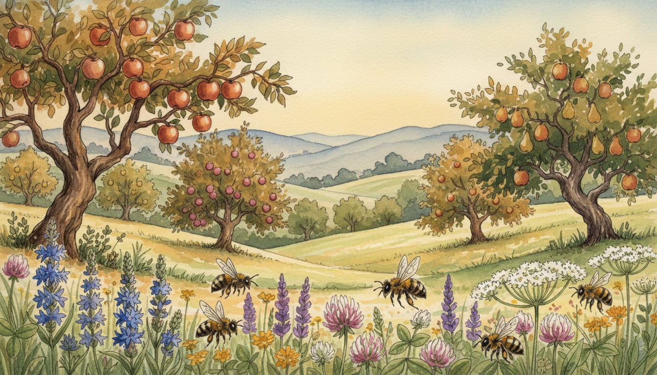 Bienen und Wildbienen in Waiblingen (Baden-Württemberg) — Aquarell-Illustration der lokalen Habitate