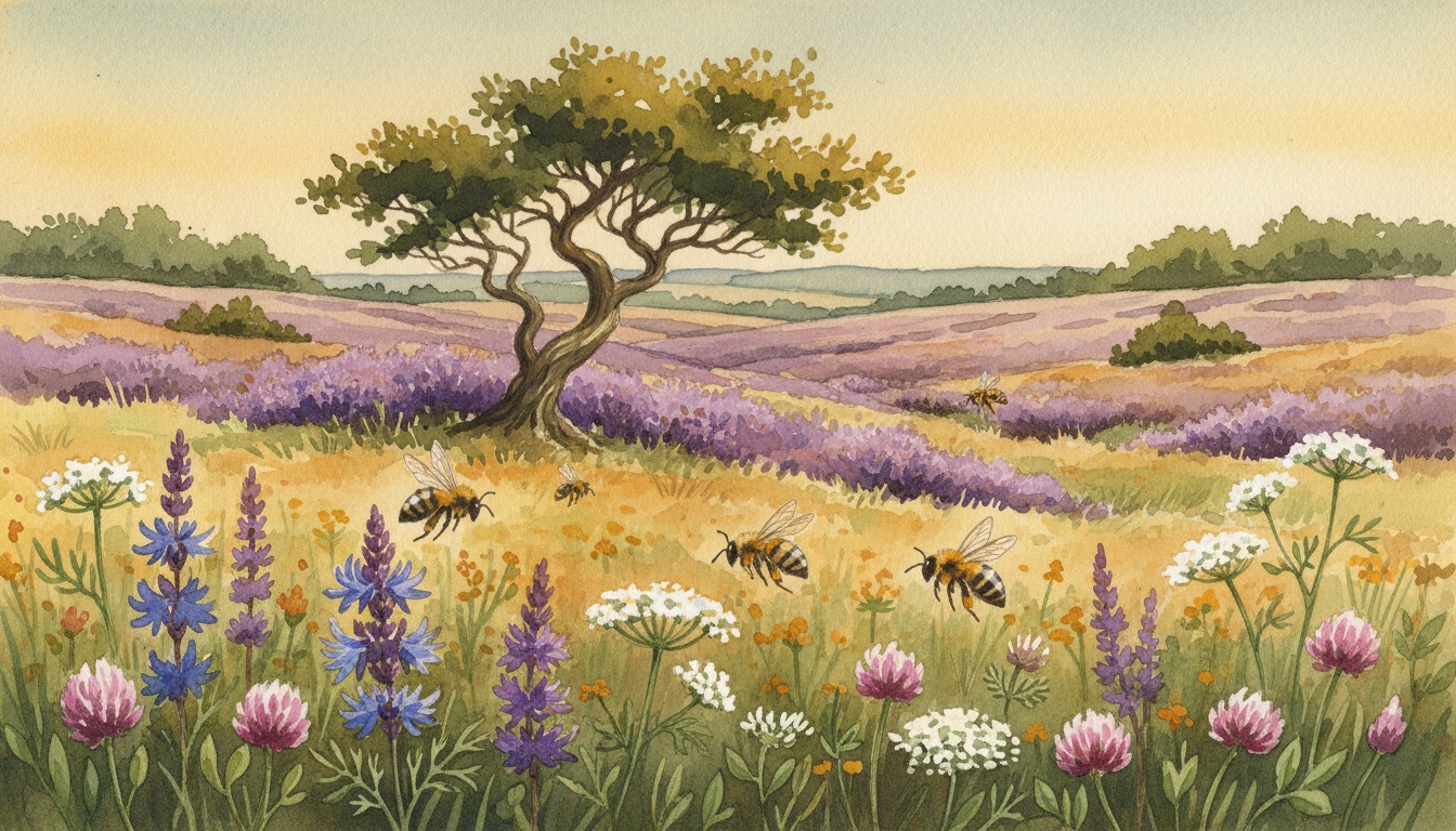 Bienen und Wildbienen in Walsrode (Niedersachsen) — Aquarell-Illustration der lokalen Habitate