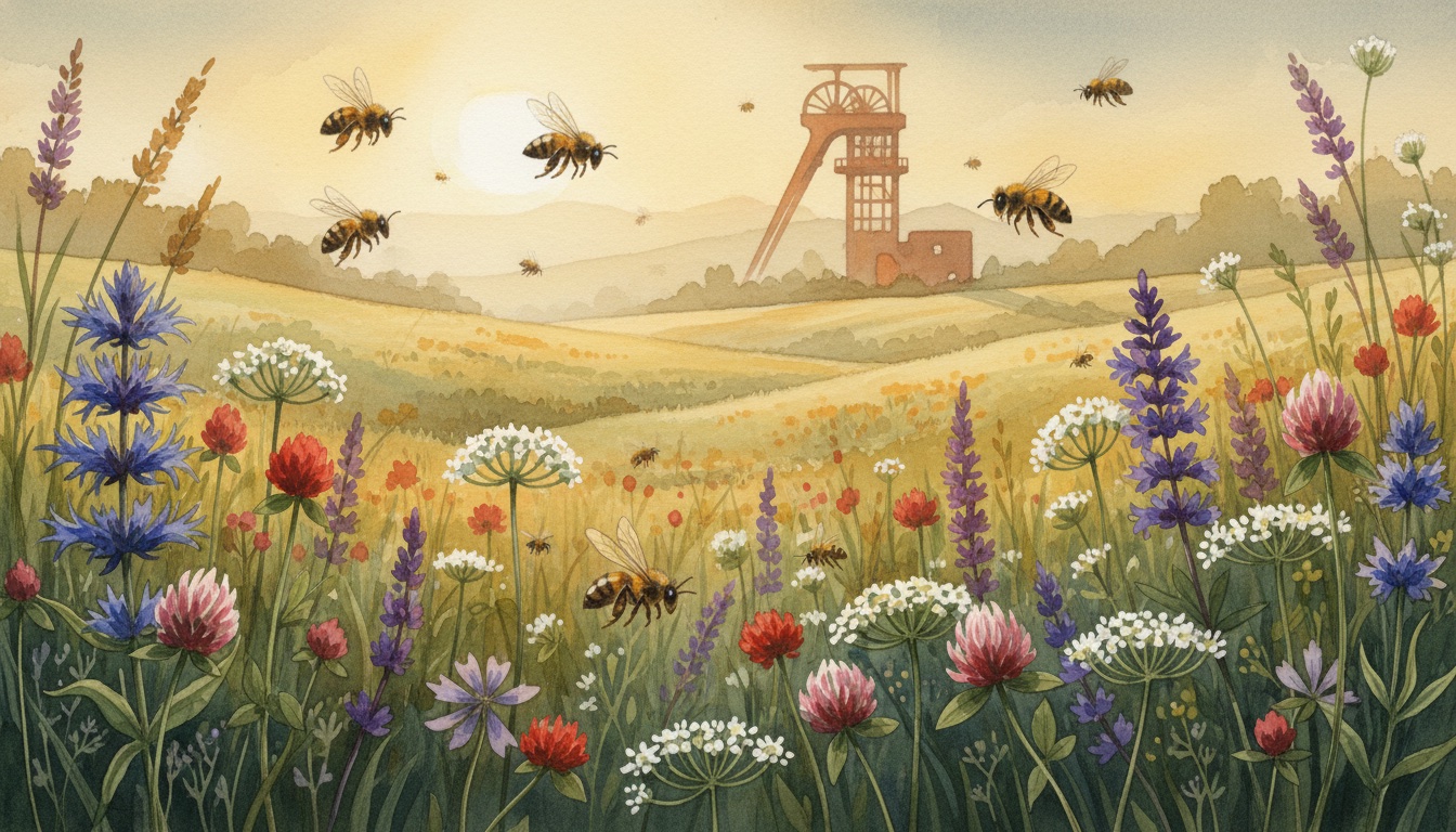 Bienen und Wildbienen in Warendorf (Nordrhein-Westfalen) — Aquarell-Illustration der lokalen Habitate