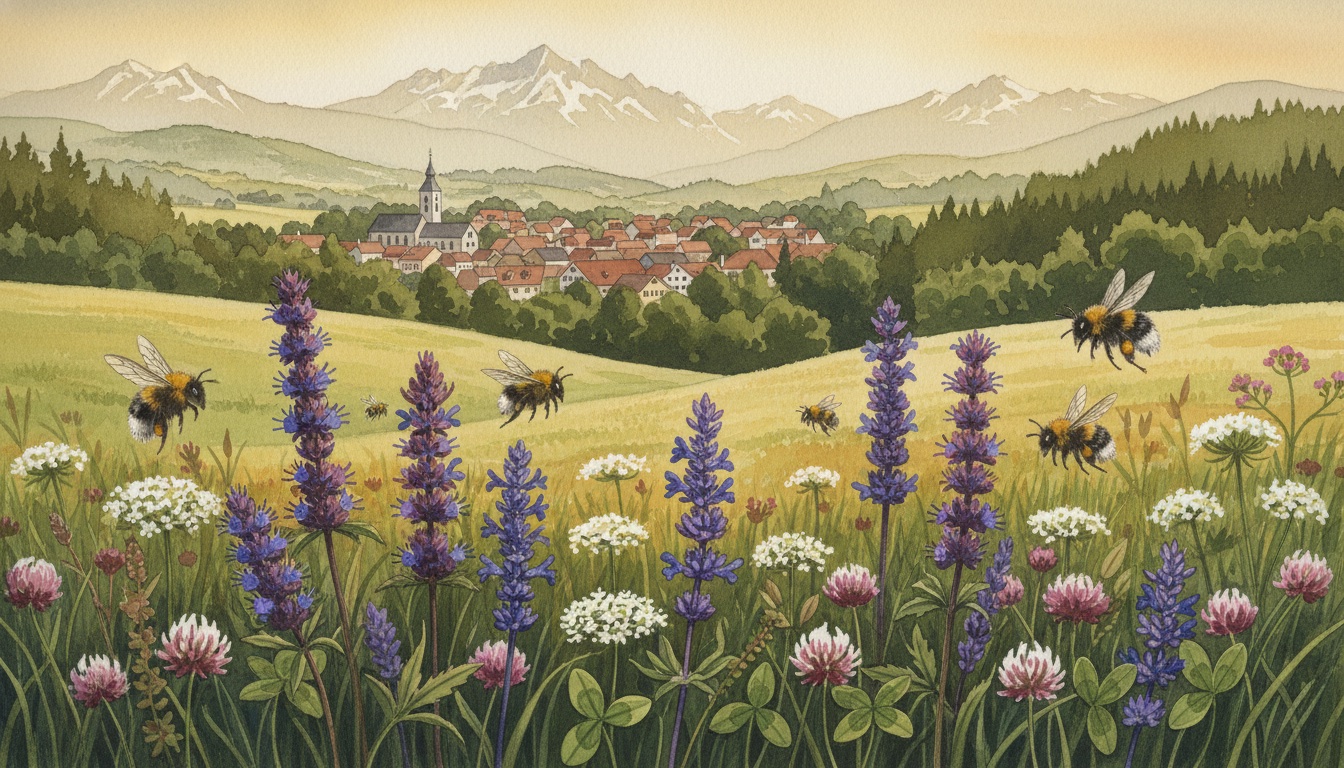 Bienen und Wildbienen in Weiden in der Oberpfalz (Bayern) — Aquarell-Illustration der lokalen Habitate
