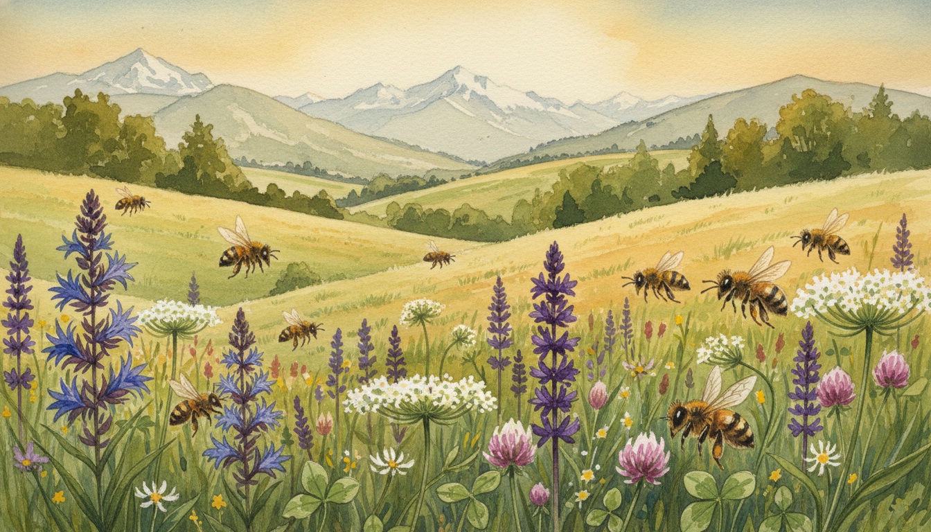 Bienen und Wildbienen in Weilheim in Oberbayern (Bayern) — Aquarell-Illustration der lokalen Habitate