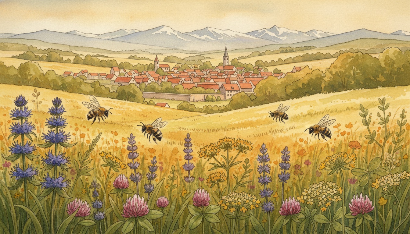 Bienen und Wildbienen in Weißenburg in Bayern (Bayern) — Aquarell-Illustration der lokalen Habitate
