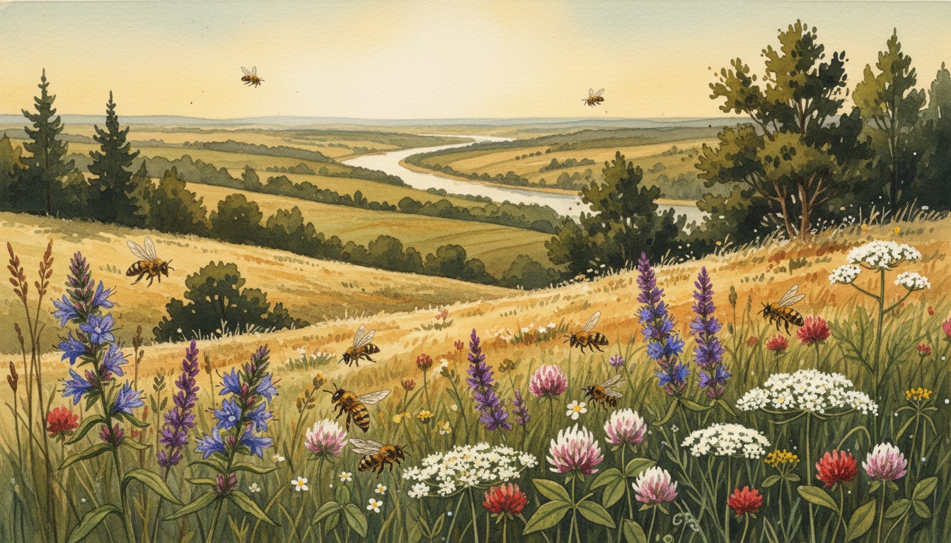 Bienen und Wildbienen in Weißenfels (Sachsen-Anhalt) — Aquarell-Illustration der lokalen Habitate