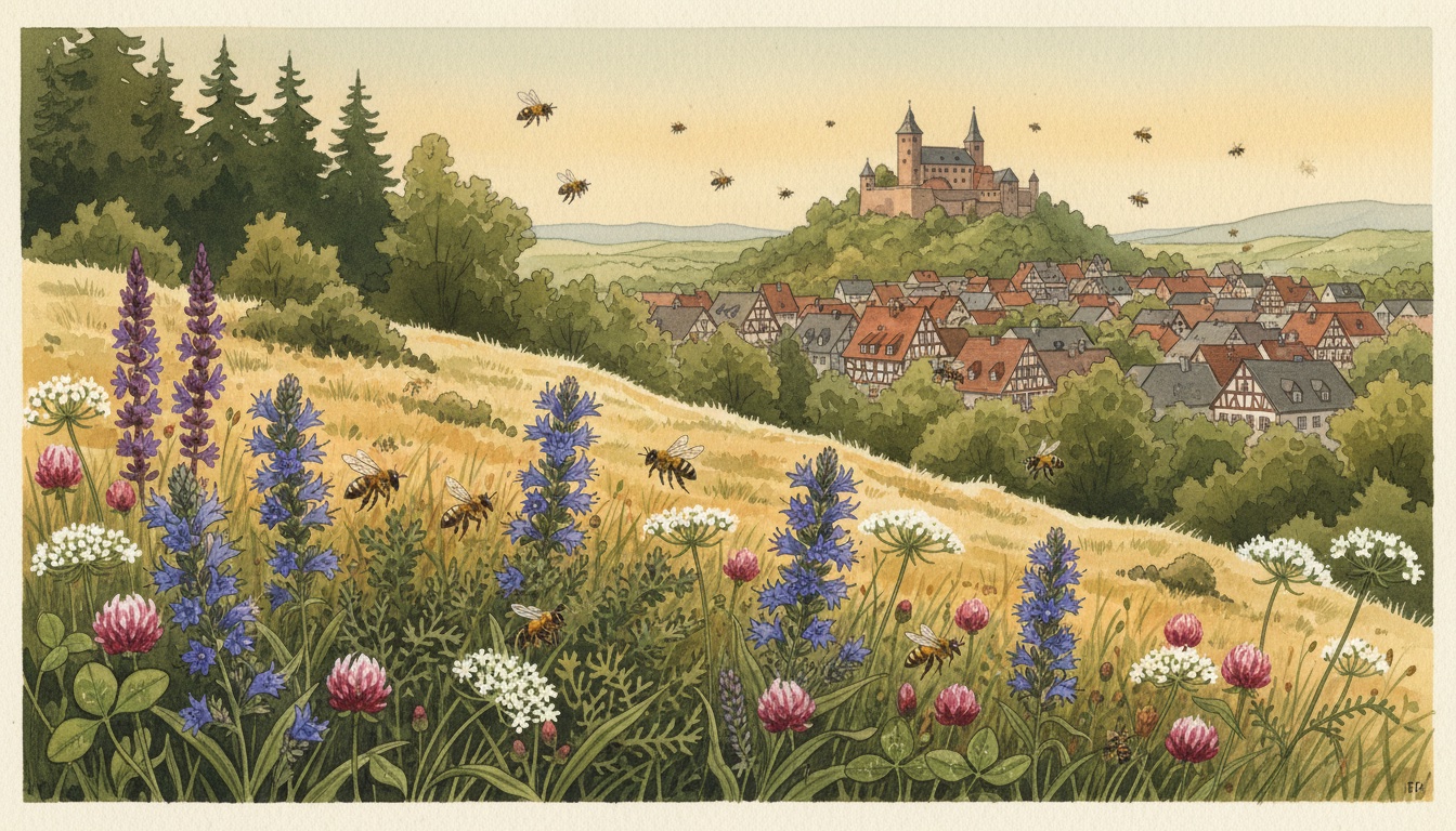 Bienen und Wildbienen in Wernigerode (Sachsen-Anhalt) — Aquarell-Illustration der lokalen Habitate