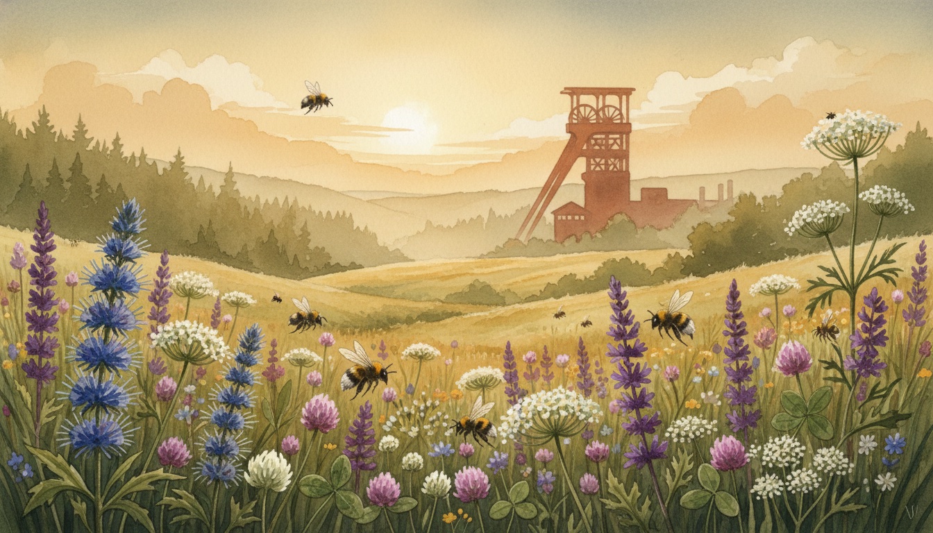 Bienen und Wildbienen in Wesel (Nordrhein-Westfalen) — Aquarell-Illustration der lokalen Habitate