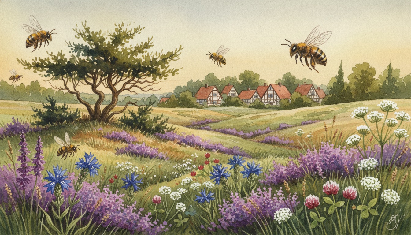 Bienen und Wildbienen in Westerstede (Niedersachsen) — Aquarell-Illustration der lokalen Habitate