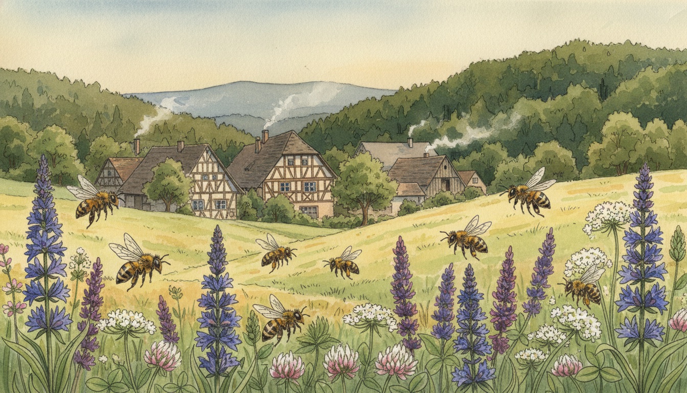 Bienen und Wildbienen in Wetzlar (Hessen) — Aquarell-Illustration der lokalen Habitate