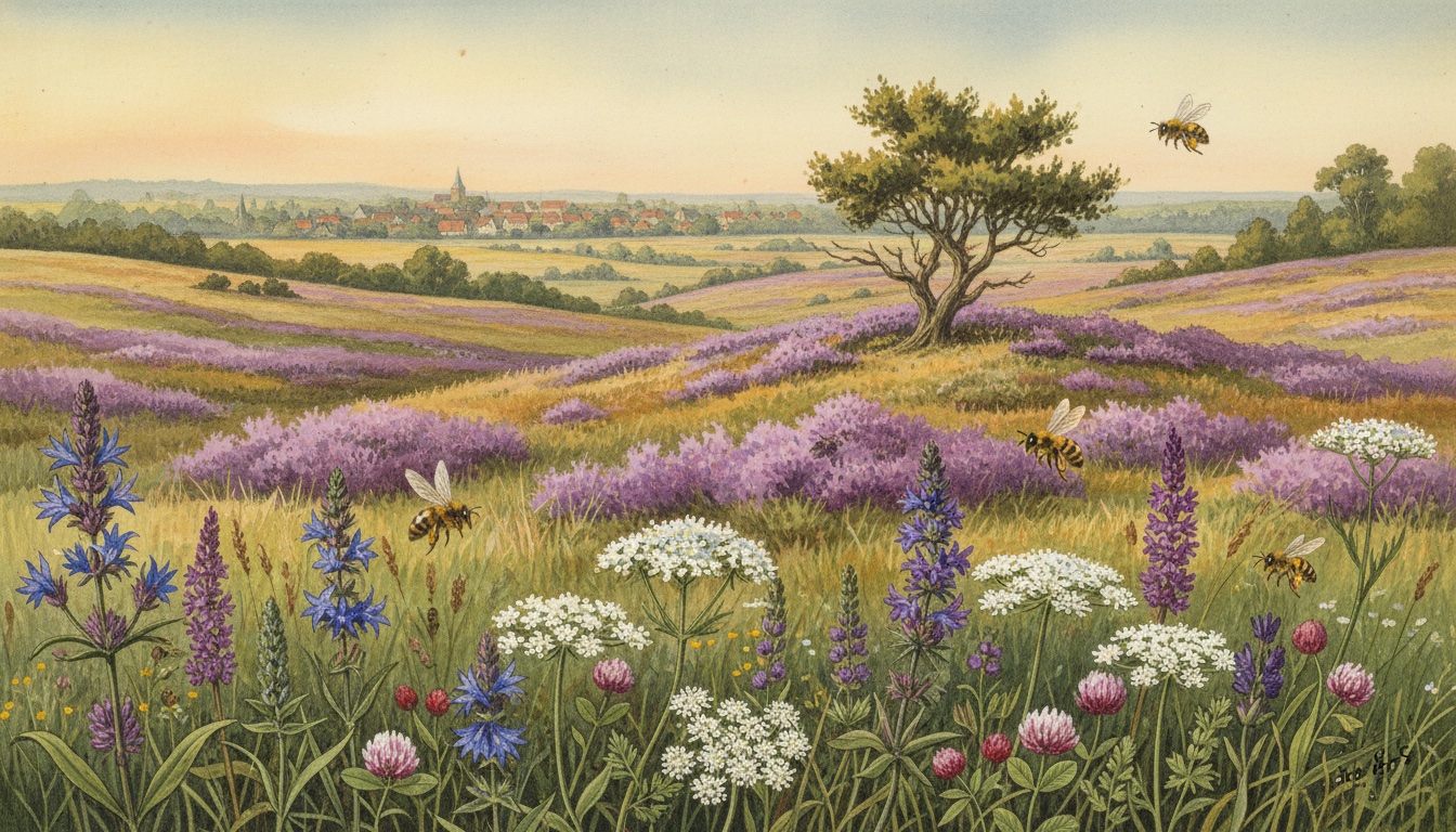 Bienen und Wildbienen in Wildeshausen (Niedersachsen) — Aquarell-Illustration der lokalen Habitate