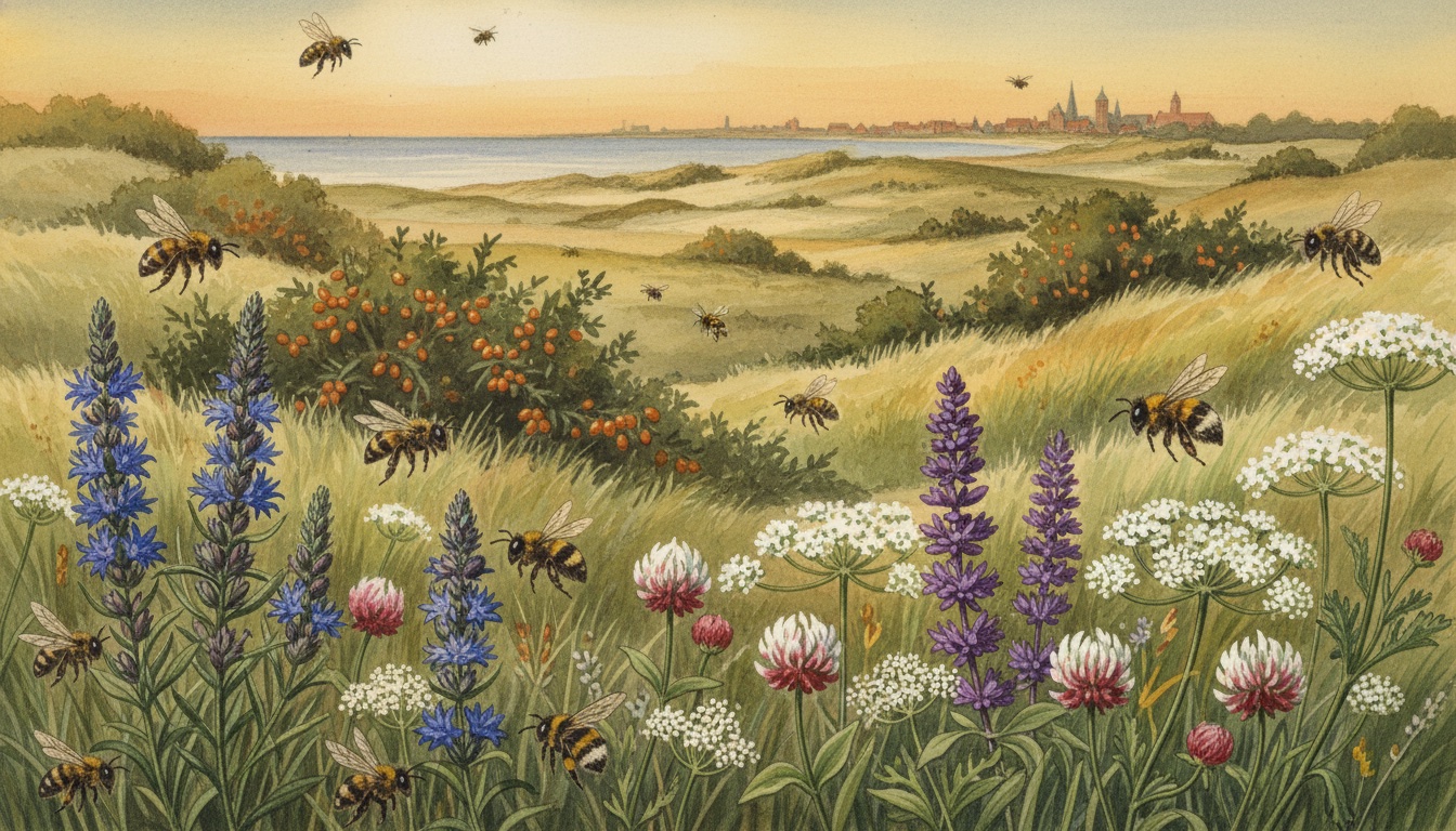 Bienen und Wildbienen in Wismar (Mecklenburg-Vorpommern) — Aquarell-Illustration der lokalen Habitate