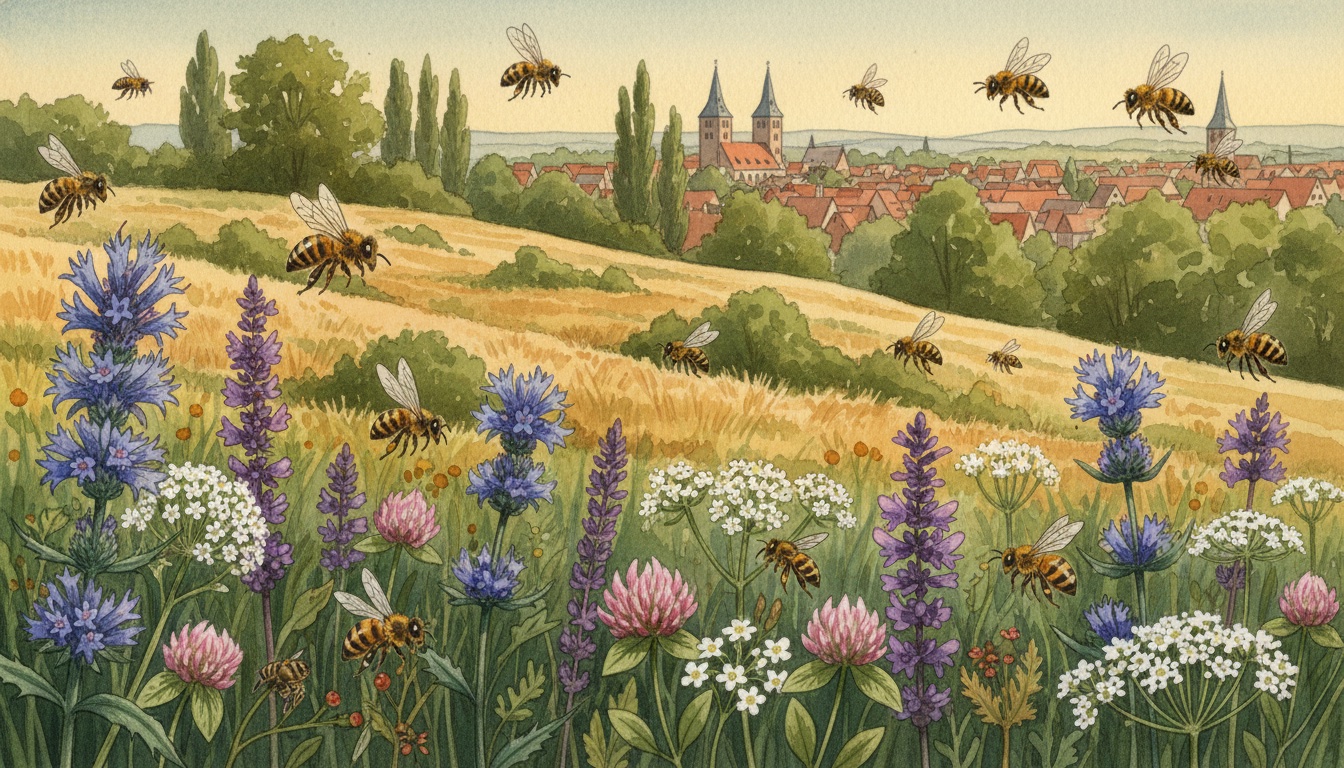 Bienen und Wildbienen in Lutherstadt Wittenberg (Sachsen-Anhalt) — Aquarell-Illustration der lokalen Habitate