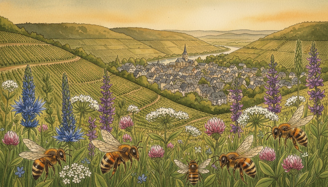 Bienen und Wildbienen in Wittlich (Rheinland-Pfalz) — Aquarell-Illustration der lokalen Habitate