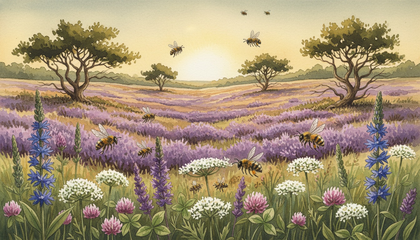 Bienen und Wildbienen in Wittmund (Niedersachsen) — Aquarell-Illustration der lokalen Habitate