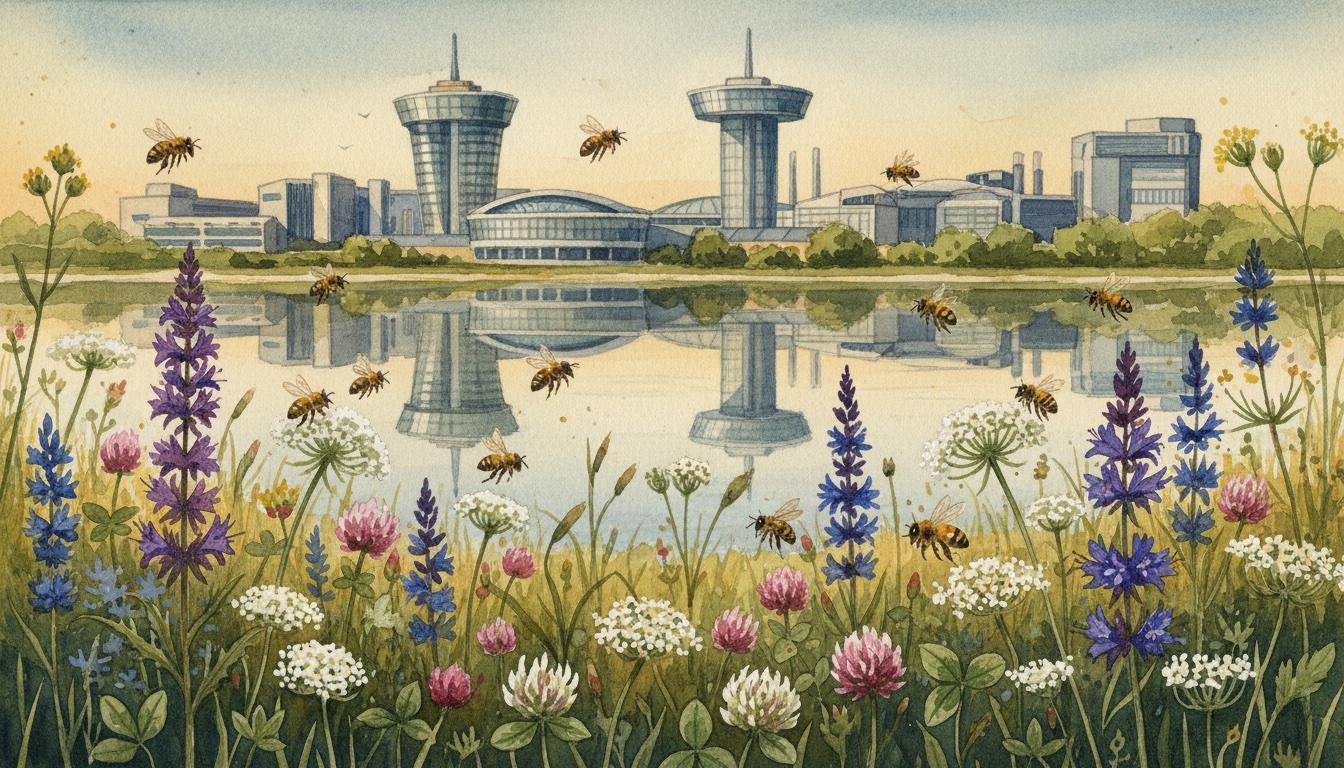 Bienen und Wildbienen in Wolfsburg (Niedersachsen) — Aquarell-Illustration der lokalen Habitate
