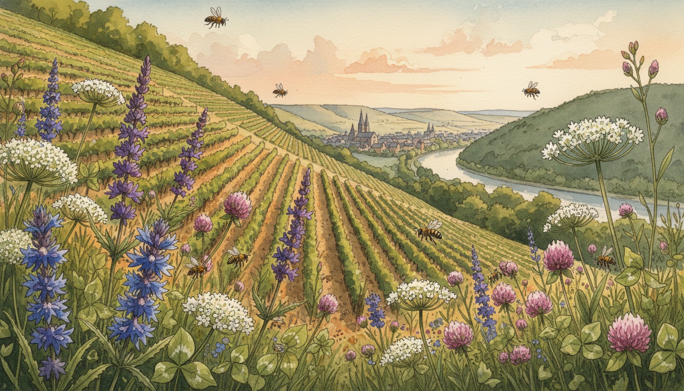 Bienen und Wildbienen in Worms (Rheinland-Pfalz) — Aquarell-Illustration der lokalen Habitate