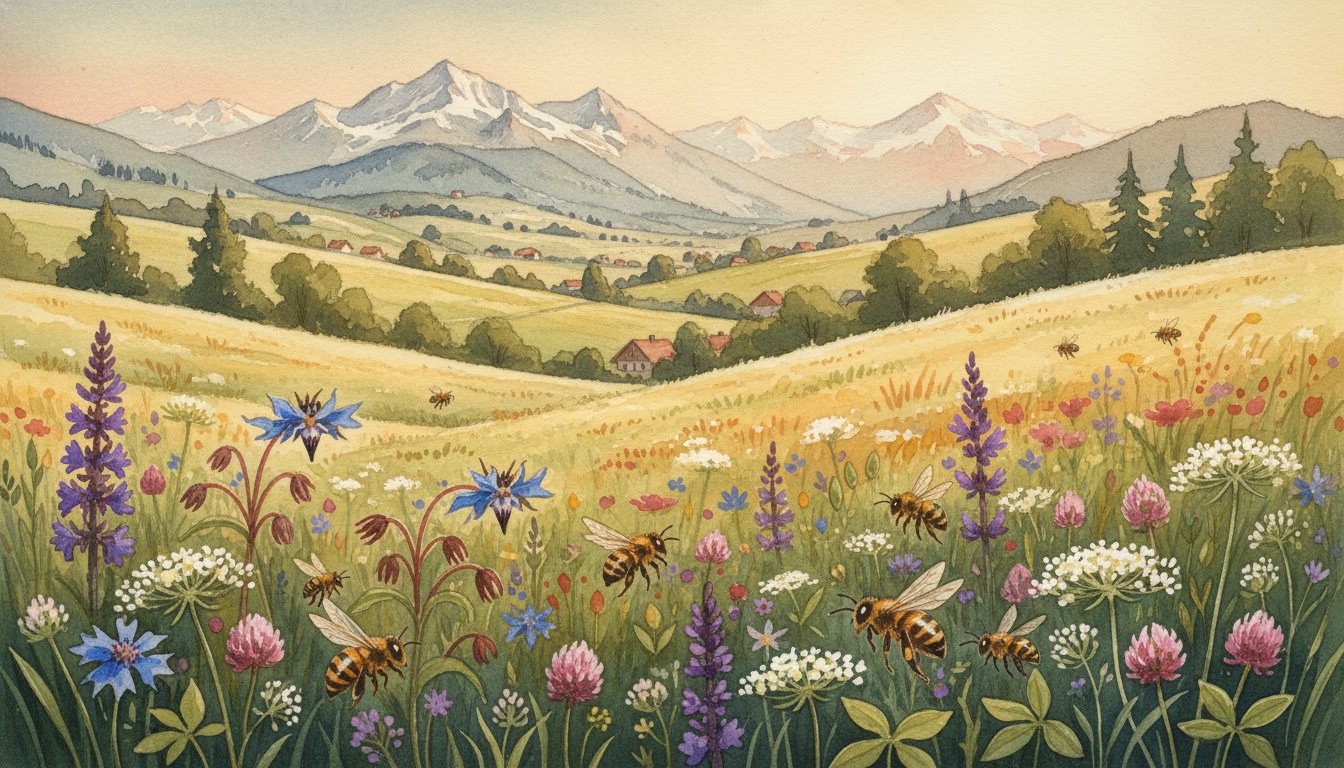 Bienen und Wildbienen in Wunsiedel (Bayern) — Aquarell-Illustration der lokalen Habitate