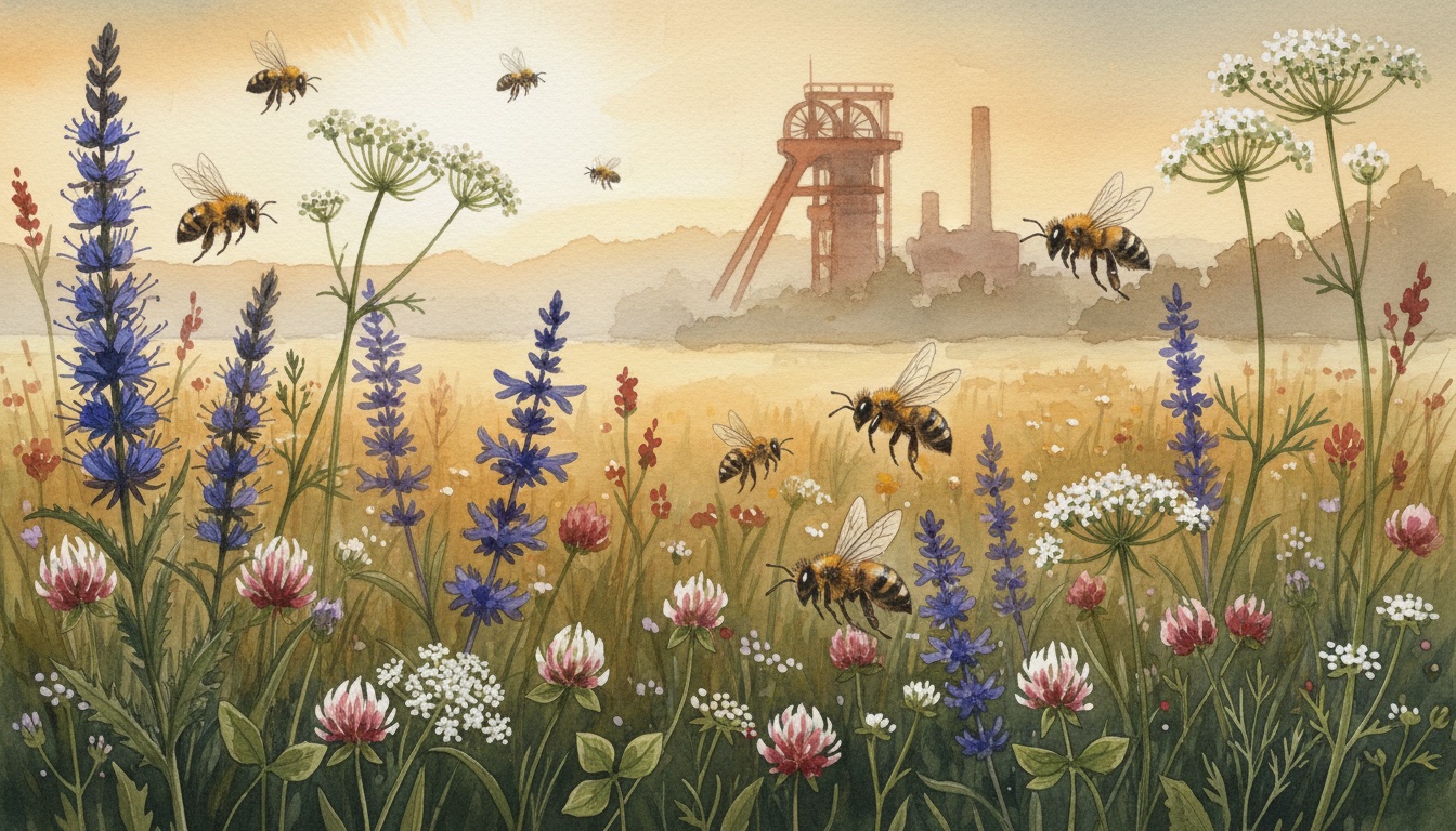 Bienen und Wildbienen in Wuppertal (Nordrhein-Westfalen) — Aquarell-Illustration der lokalen Habitate