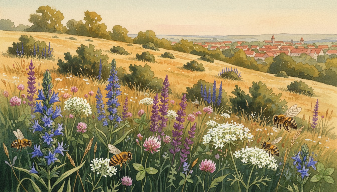 Bienen und Wildbienen in Zerbst/Anhalt (Sachsen-Anhalt) — Aquarell-Illustration der lokalen Habitate
