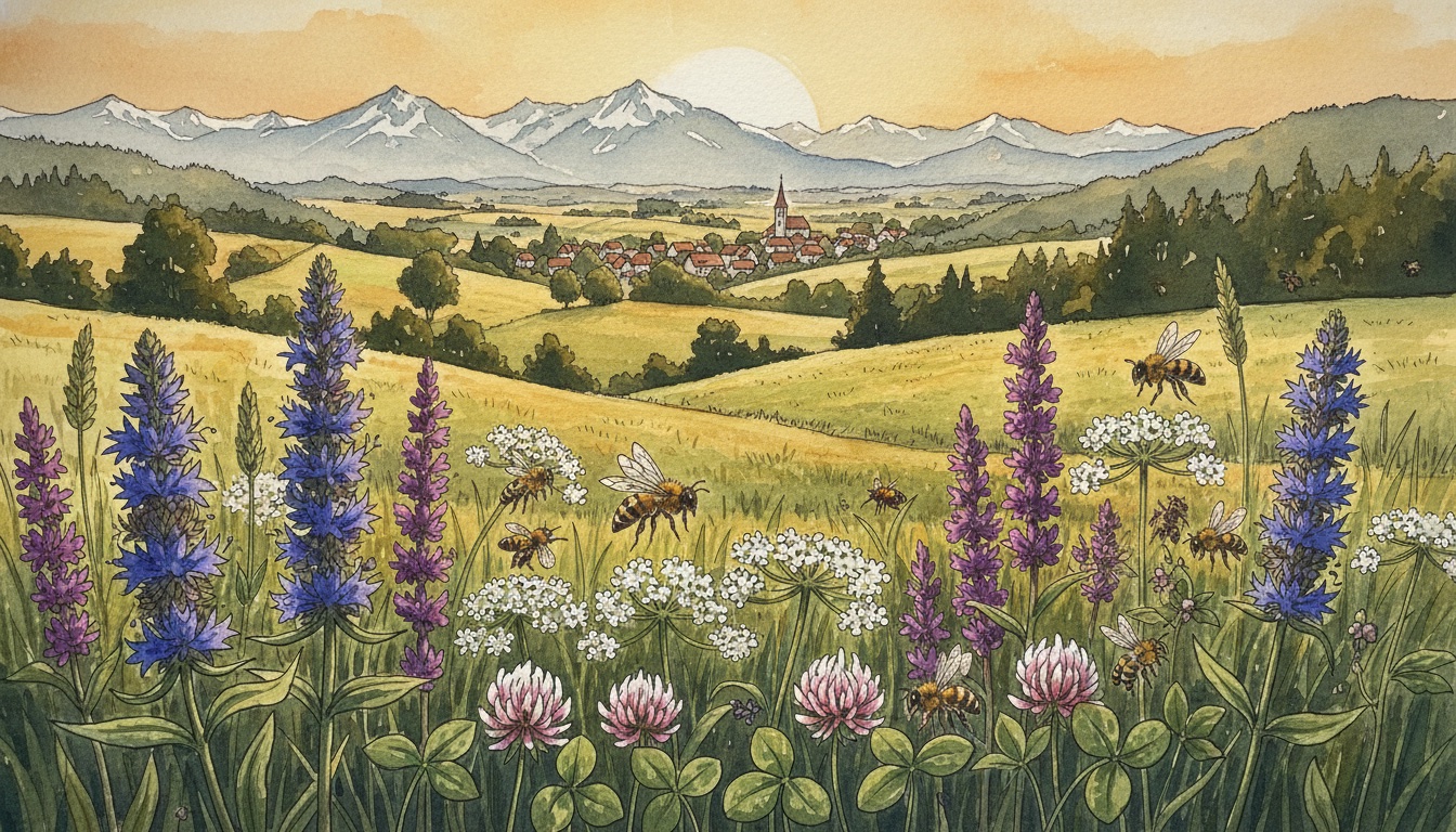 Bienen und Wildbienen in Zirndorf (Bayern) — Aquarell-Illustration der lokalen Habitate