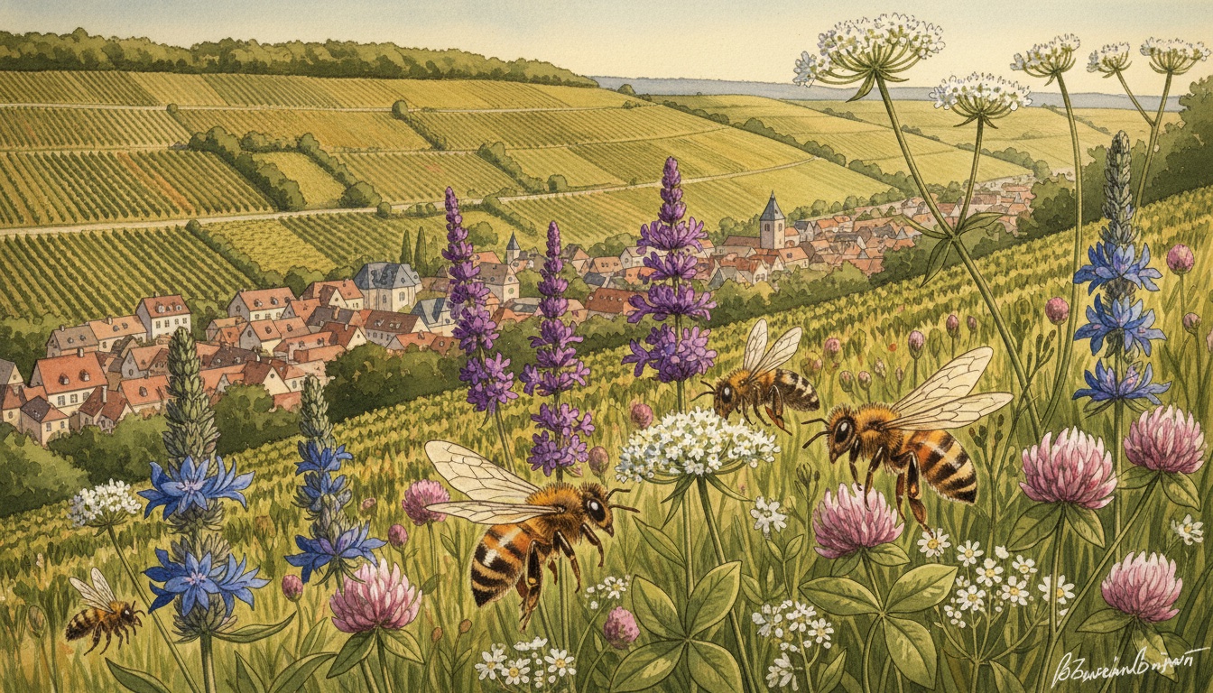 Bienen und Wildbienen in Zweibrücken (Rheinland-Pfalz) — Aquarell-Illustration der lokalen Habitate