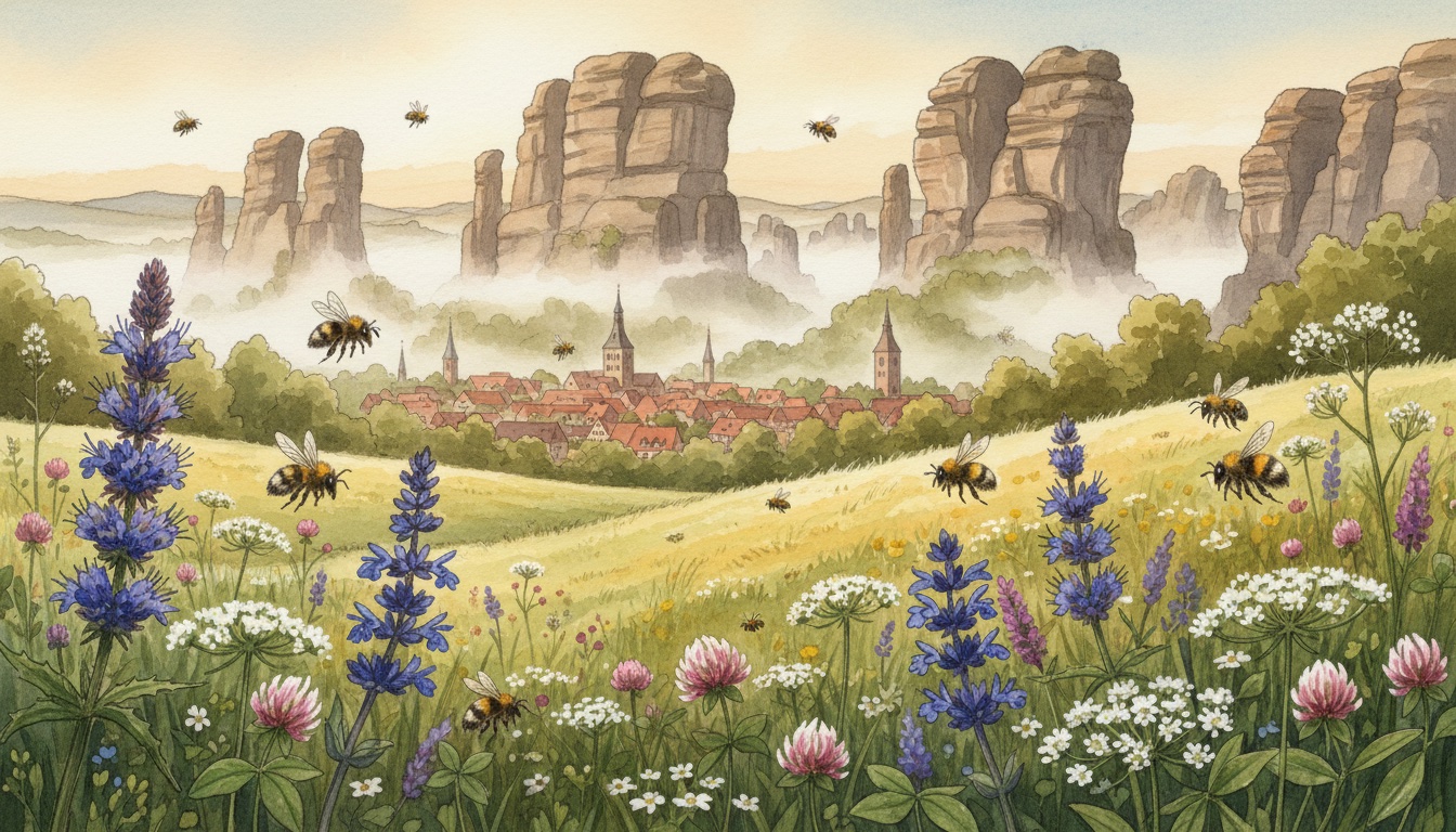Bienen und Wildbienen in Zwickau (Sachsen) — Aquarell-Illustration der lokalen Habitate
